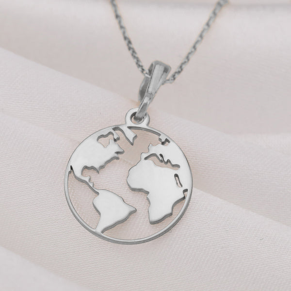 14K Solid Gold World Map Necklace, Silver Globetrotter Necklace, Earth Necklace, World Jewelry, Gold Enamel World Medallion, Dainty World