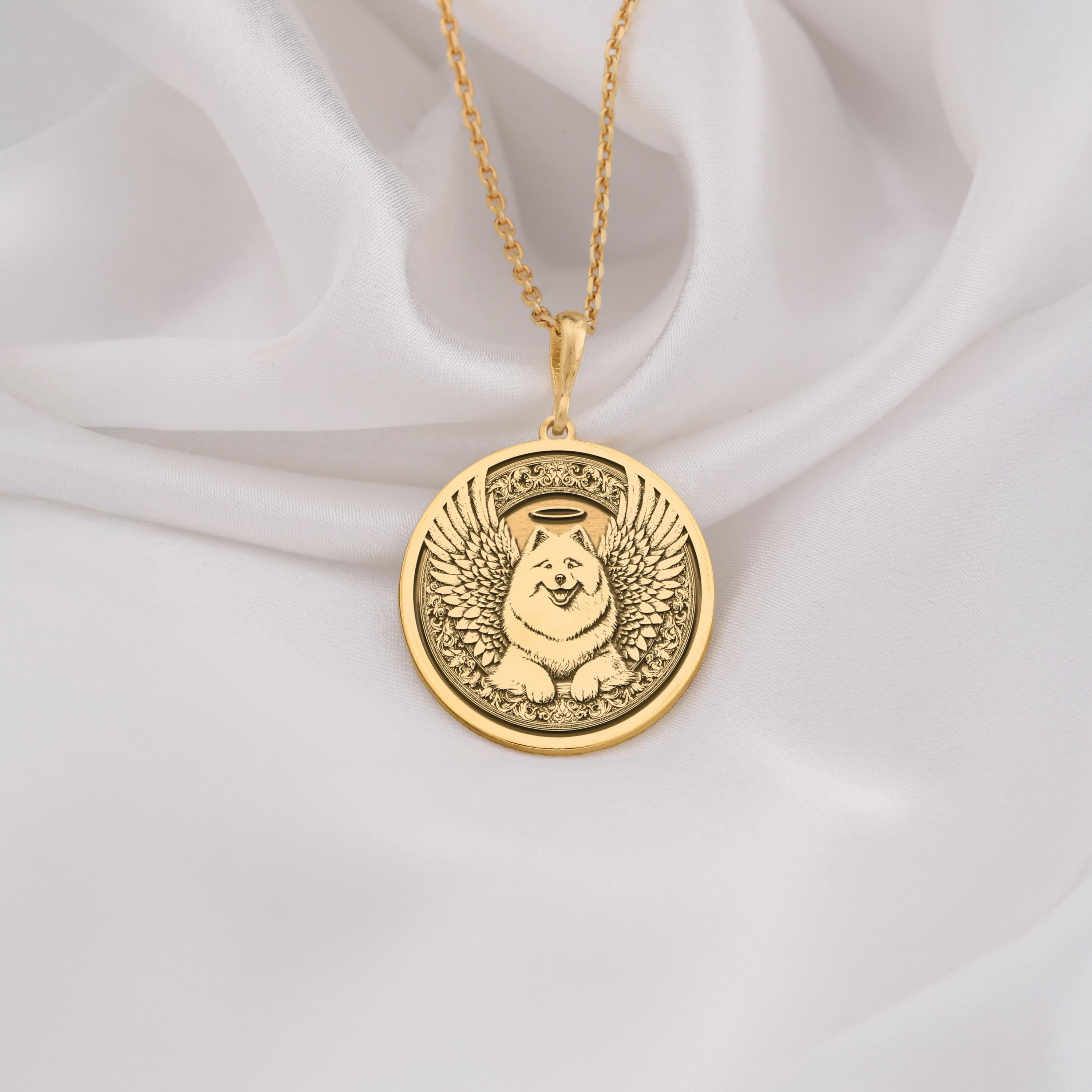 14K Solid Gold Samoyed Angel Dog Medallion featuring beloved arctic breed with heavenly wings and halo. Detailed memorial talisman with fluffy white coat, smiling expression and ornate decorative border. Luxury Samoyed memorial jewelry gift.