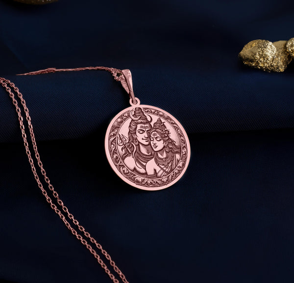 14K Solid Gold Shiva Parvati Pendant Necklace, Divine couple Charm Necklace, Personalized Shiva Parvati Talisman, Unique Valentine gift