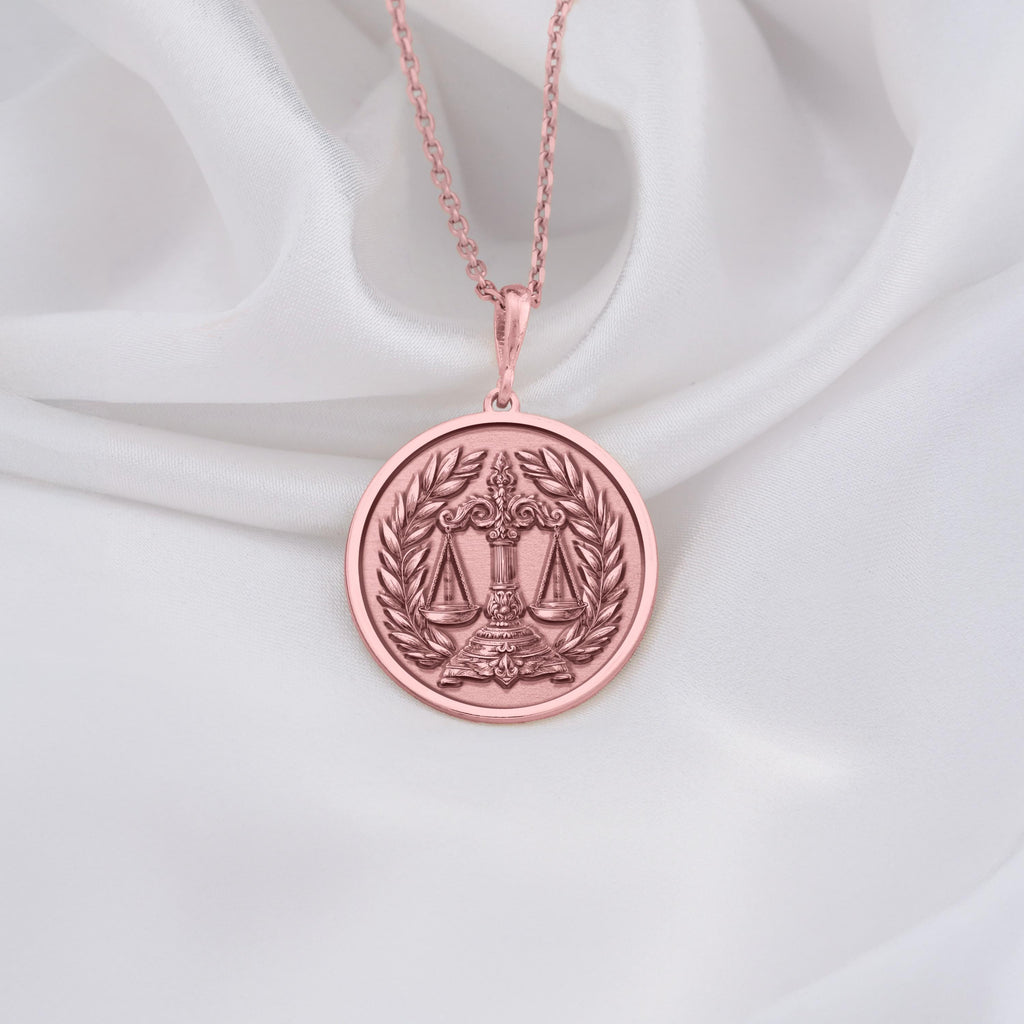 Rose gold-plated Scales of Justice Necklace, personalized with initials or date. Ideal gift for lawyers, symbolizes law, balance, justice, equality. Perfect for law professionals, advocates, and Libra zodiac. Custom jewelry.