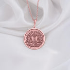 Rose gold-plated Scales of Justice Necklace, personalized with initials or date. Ideal gift for lawyers, symbolizes law, balance, justice, equality. Perfect for law professionals, advocates, and Libra zodiac. Custom jewelry.
