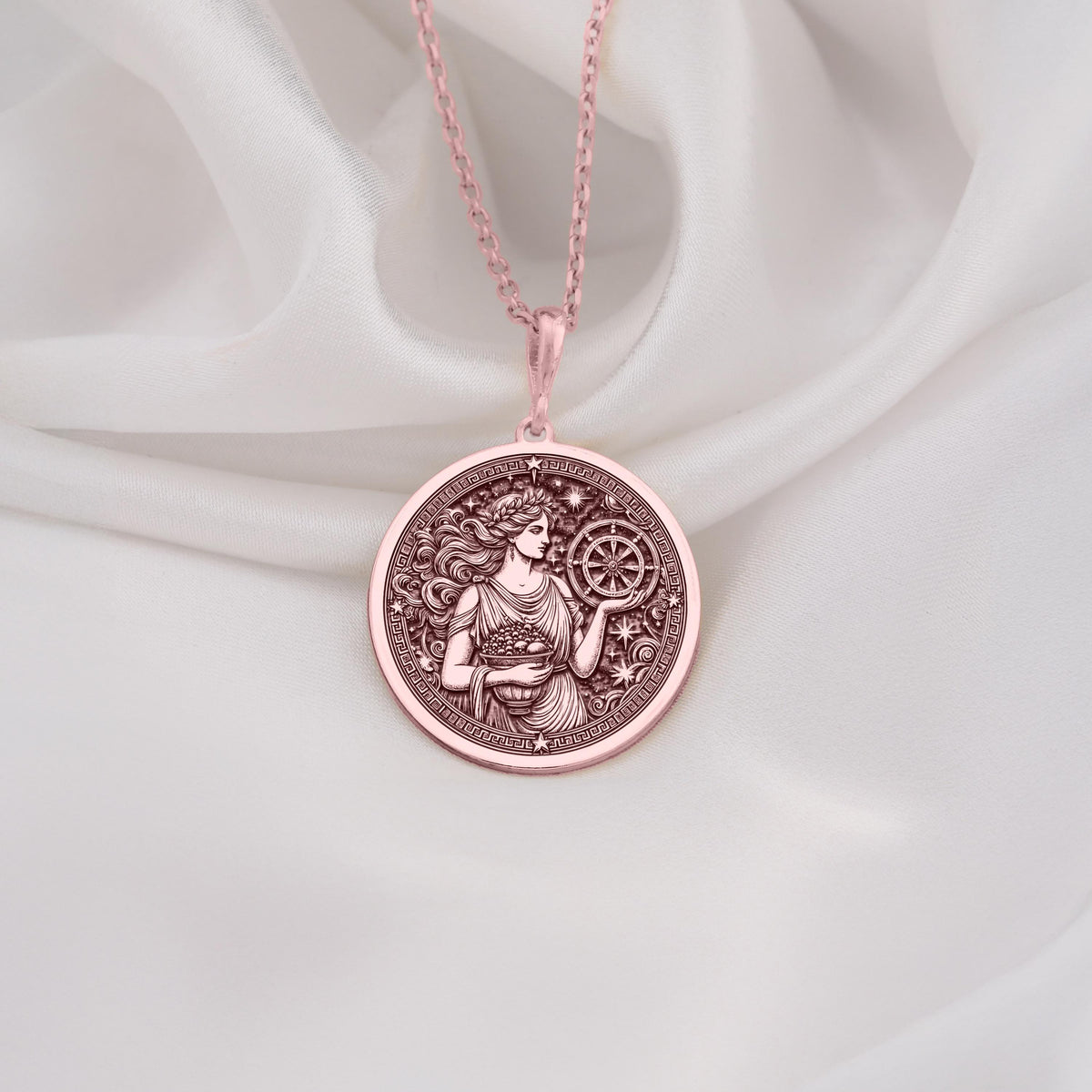Beautiful Rose Gold Plated Tyche necklace, featuring a detailed Greek goddess medallion. A unique fortune charm pendant, blending celestial elegance and mythology, ideal for astrology lovers and symbolic jewelry collectors.