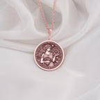 Beautiful Rose Gold Plated Tyche necklace, featuring a detailed Greek goddess medallion. A unique fortune charm pendant, blending celestial elegance and mythology, ideal for astrology lovers and symbolic jewelry collectors.