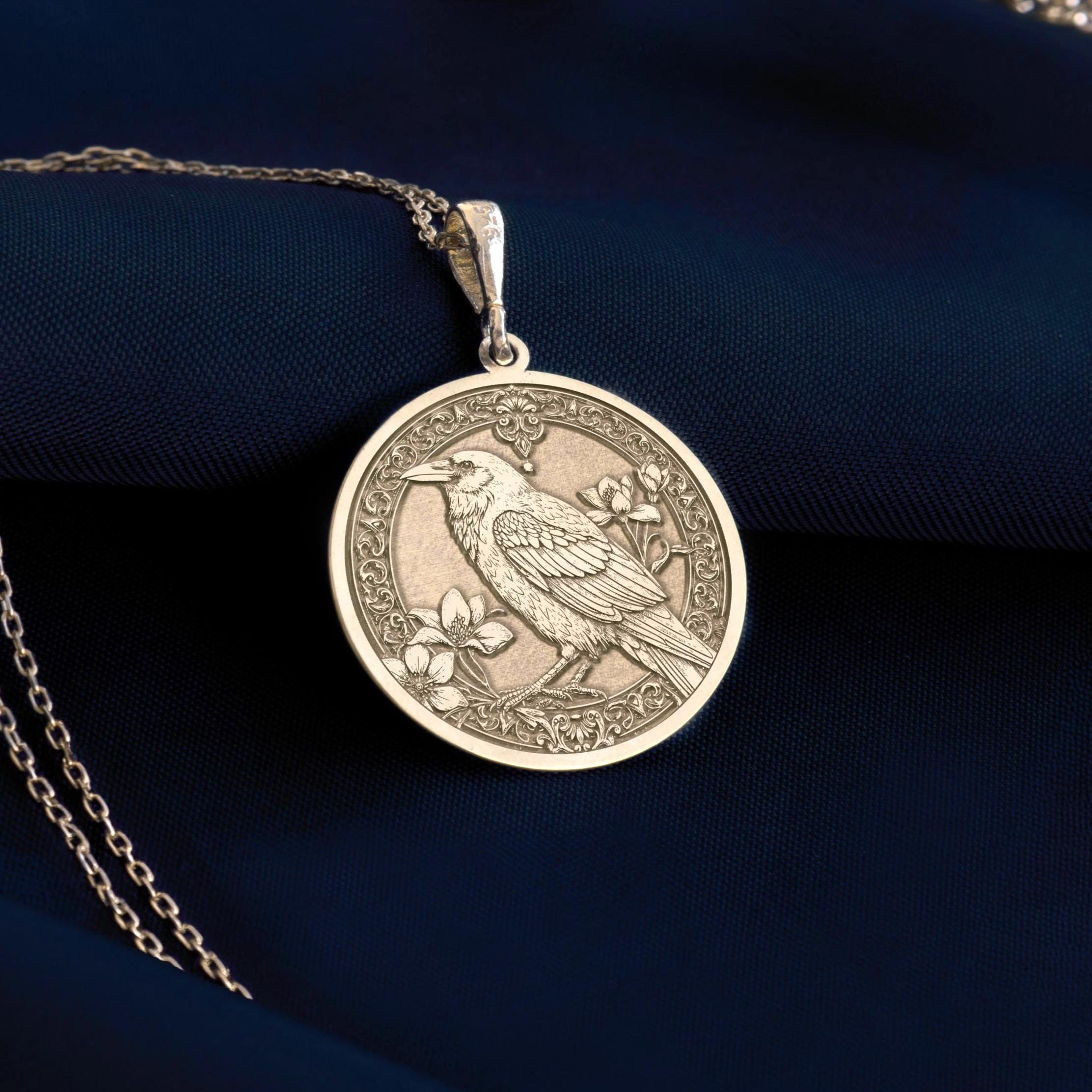 Unique Gold Raven bird pendant necklace , gothic bird pendant jewelry, antique style crow medallion, bird medallion necklace, gothic raven pendant, raven totem necklace, crow familiar jewelry, black raven pendant, celtic raven bird jewelry, victorian style crow pendant