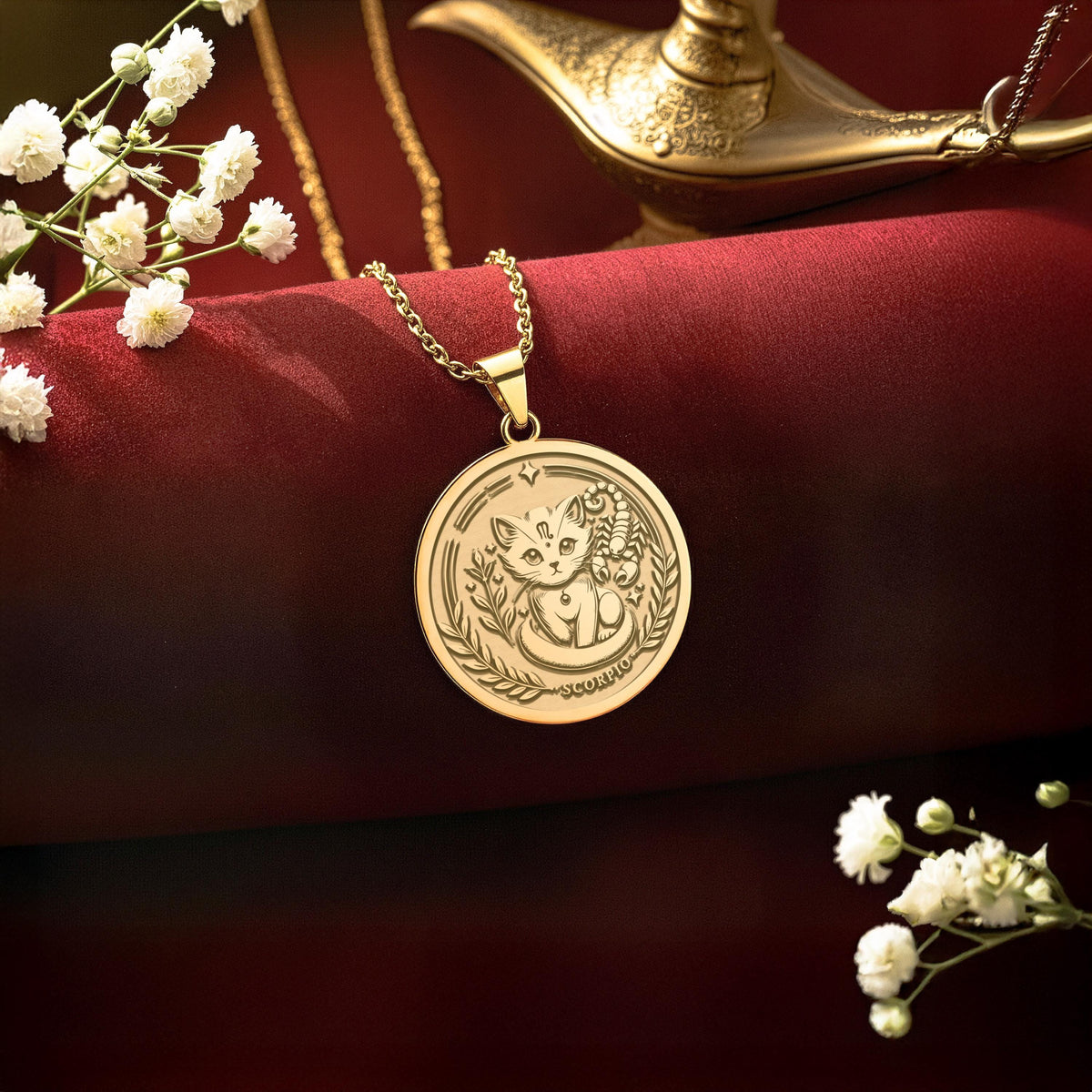 An heirloom-quality 14K solid gold Scorpio medallion. The art shows a unique celestial cat engraving, symbolizing the zodiac sign, a precious astrology gift for her.