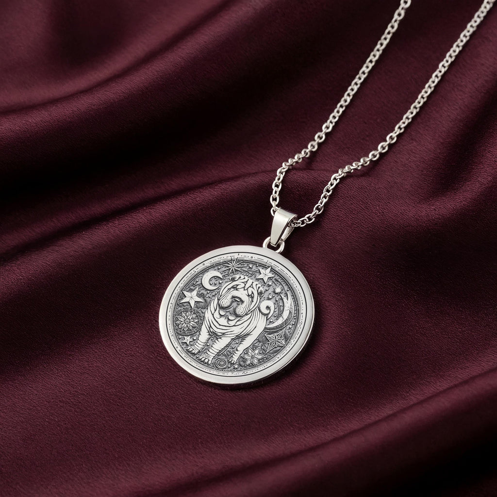 Celestial Moon & Star Shar Pei Medallion Pendants 925 925 Sterling Silver pendant necklace featuring a stylized lion design with stars on a round disc.