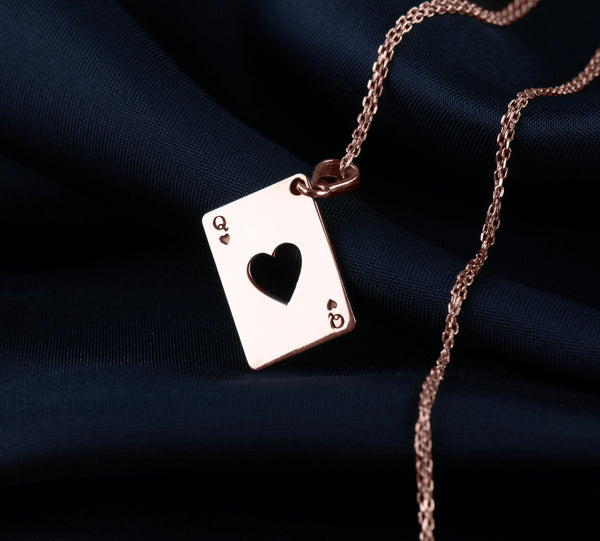 queen of heart rose gold pendant necklace, gifts for her, gifts for queens, gifts for valentines, real gold playing card charm, queen rose gold card pendant necklace