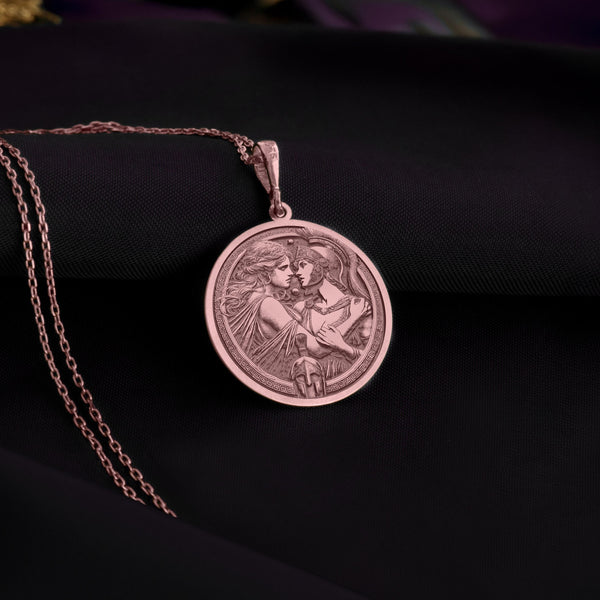 rose gold Antiope and Theseus double venus necklace pendant, mythology-inspired jewelry with intricate detailing, symbolizing love, strength, and timeless passion.