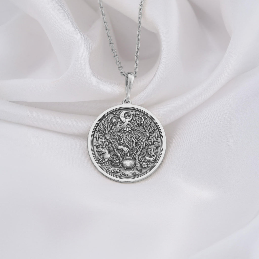 silver forest witch pendant, featuring mystical symbols and embodying the spirit of the enchanted forest. Handmade silver necklace ideal for spiritual protection and a connection with nature.