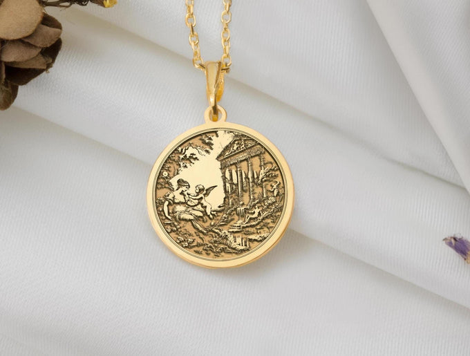 Love and beauty necklace
Cupid and Venus jewelry
Mythology-inspired necklace
Venus goddess pendant
Cupid charm necklace
Romantic jewelry
Art Nouveau necklace
Vintage Venus and Cupid pendant
Mother's love necklace
Eternal love pendant