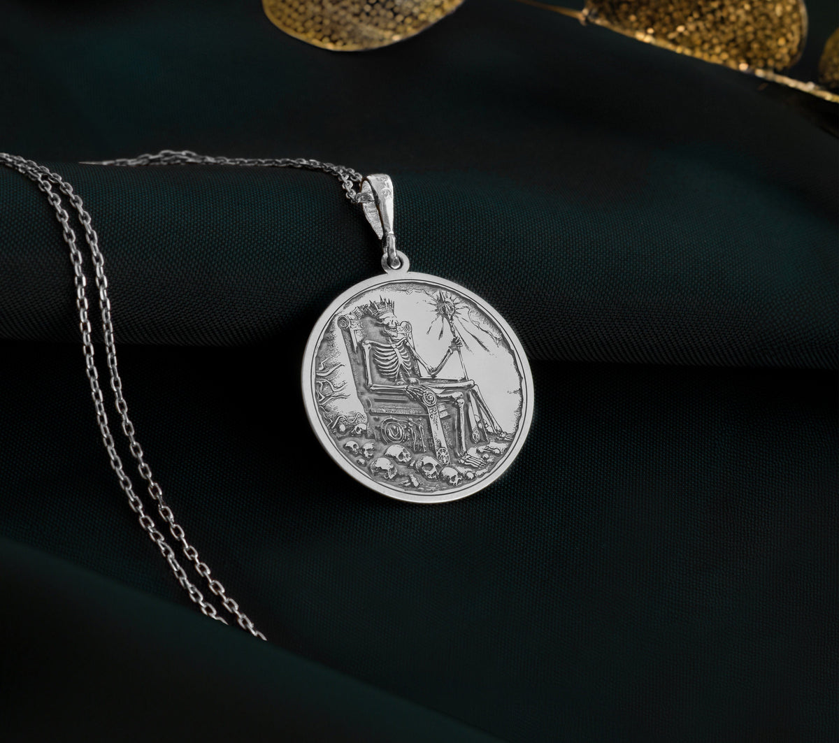 14K Solid Gold Skeleton Charm Necklace, Undead Silver Pendant, Rose Gold Throne Necklace, Royal Jewelry, Undead King Medallion, Throne Charm
