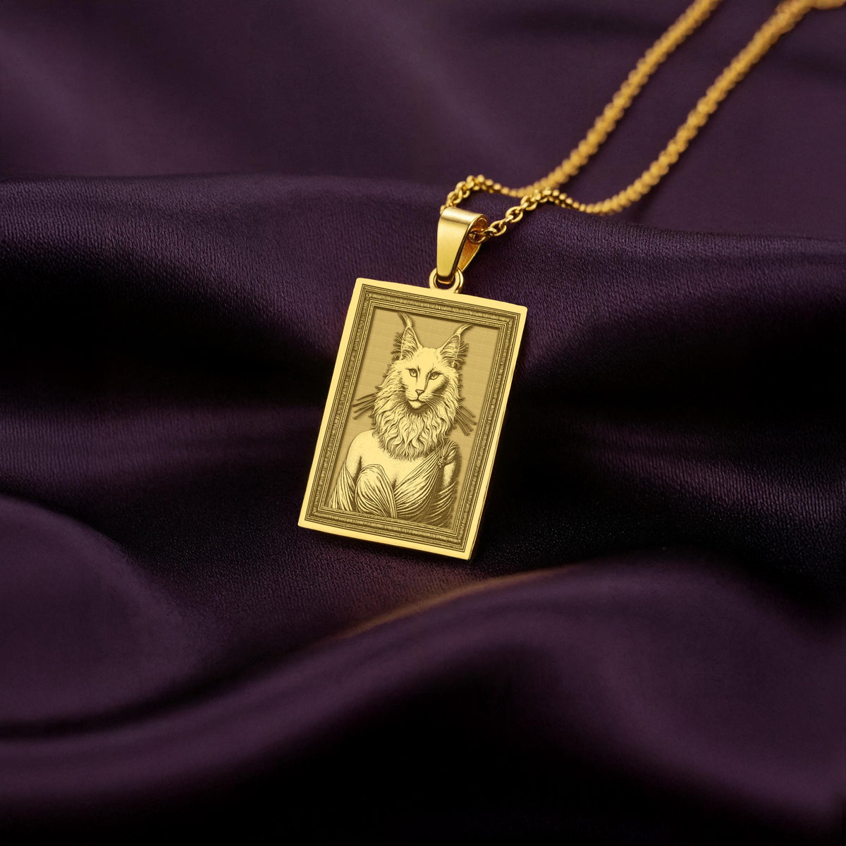 A personalized 14K gold plated cat portrait pendant in a tarot card style. This whimsical jewelry features a graceful Ankara cat, making it a perfect cat mom gift.