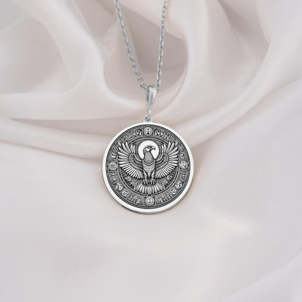 Sterling Silver Horus Necklace featuring an Egyptian Falcon Pendant. Handmade and personalized for mythology lovers. Minimalist, spiritual jewelry perfect for everyday wear or gifting to men and women who love Egyptian-inspired designs.