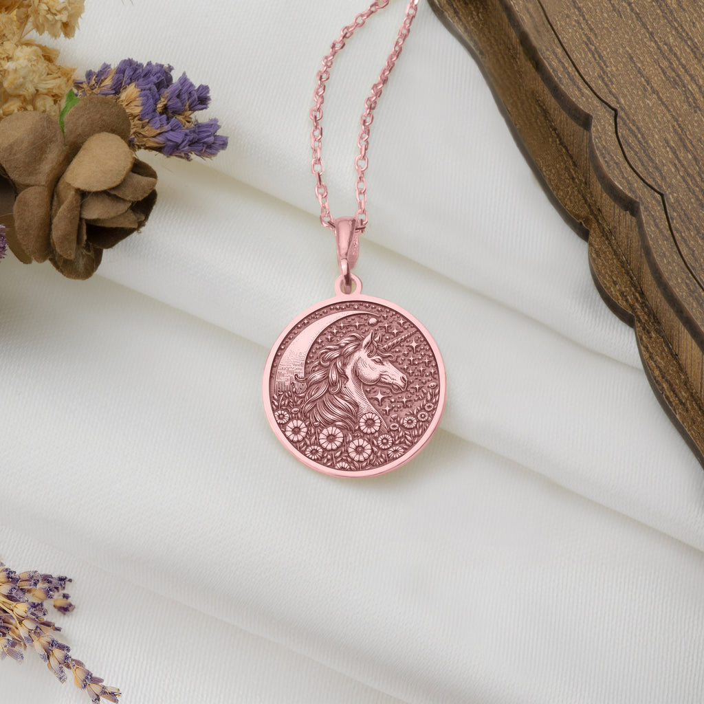Unicorn Rose Plated Necklace, a stunning piece that blends fantasy with elegance. This rose gold-plated pendant or medallion captures the charm of unicorns. Custom-made for those who seek a unique, magical addition to their jewelry collection."