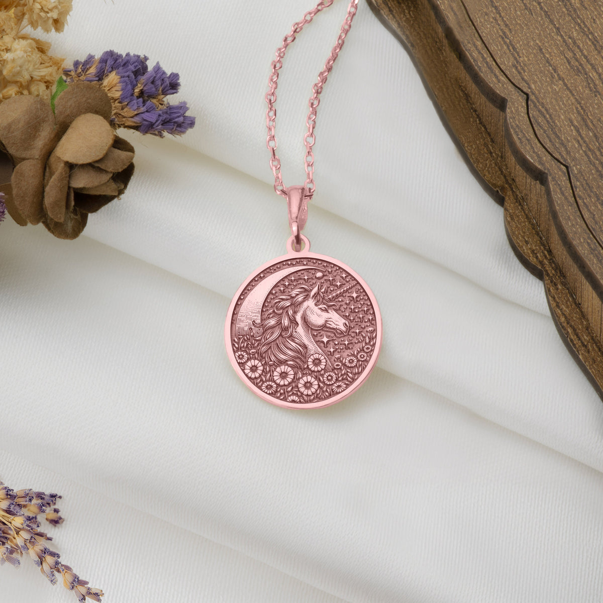 Unicorn Rose Plated Necklace, a stunning piece that blends fantasy with elegance. This rose gold-plated pendant or medallion captures the charm of unicorns. Custom-made for those who seek a unique, magical addition to their jewelry collection."
