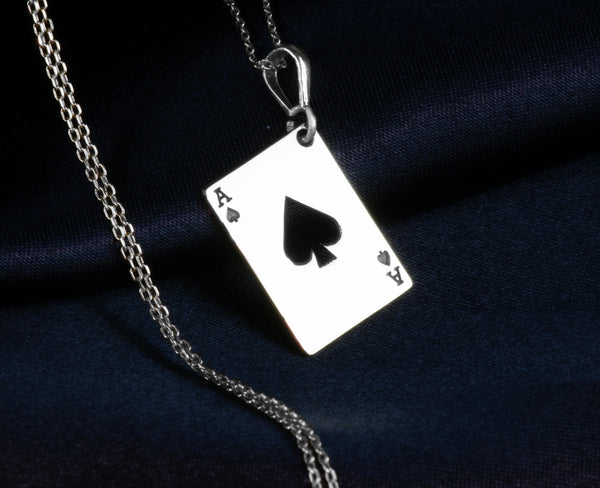 Silver Ace of Spades rectangle charm necklace, playing card pendant, minimalist boho style, vintage-inspired, handcrafted, delicate and lightweight for layering, spiritual symbol of resilience, unique gift, everyday wear, timeless elegance.