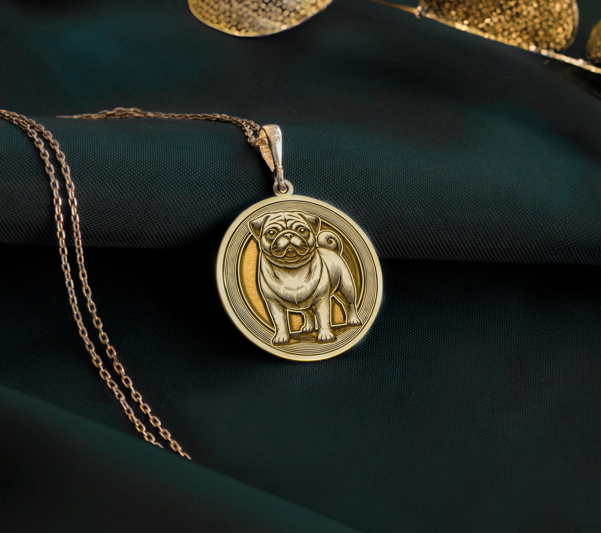 Beautiful 14K Gold Plated Pug necklace, engraved with a realistic dog portrait. This pet lover’s medallion is an ideal gold plated animal charm, celebrating the bond between Pugs and their owners.