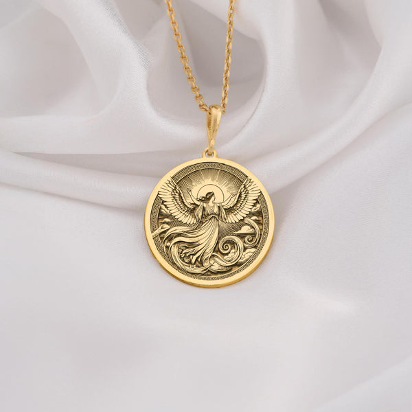 Eos Goddess Necklace made from 14K Solid Gold, inspired by Greek mythology, featuring winged details. This celestial jewelry piece symbolizes light, renewal, hope, and feminine energy. Perfect for women as a gift for birthdays, anniversaries.