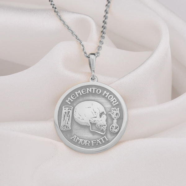 14K Solid Gold Memento Mori Necklace, Silver Memento Mori Necklace, Silver Amor Fati Necklace, Skull Pendant, Silver Amor Fati Pendant