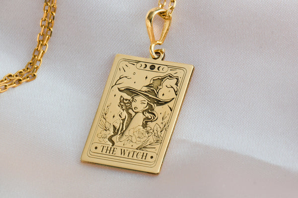 gold witch necklace with catCrystal cat pendant witchcraftVintage witch necklace with feline charmBlack cat occult necklaceWitchcraft cat pendant&quot;&quot;Magical cat charm necklace Solid gold witch necklace with hat