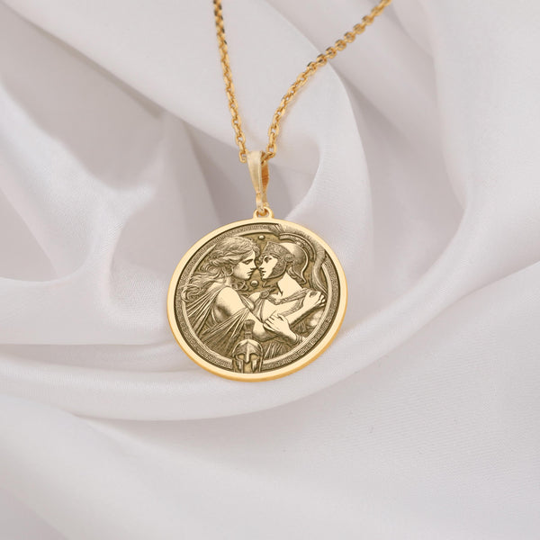 Gold Antiope and Theseus necklace double venus pendant, mythology-inspired jewelry with intricate detailing, symbolizing love, strength, and timeless passion.