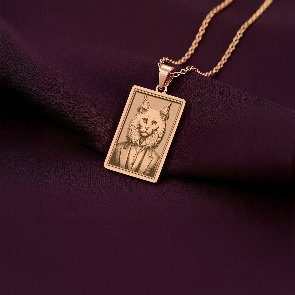 Lifestyle shot of the Rose Gold Plated Turkish Angora pendant, showing its warm, coppery tone and unique artistic style from The Ancestors Collection.