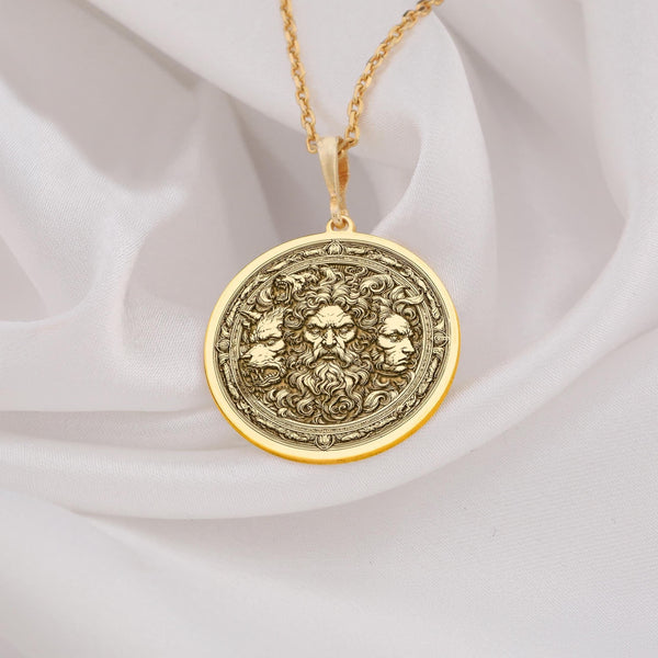 14K Solid Gold Hades Necklace featuring Greek mythology-inspired design with Cerberus and Thanatos. Handmade unisex pendant, luxurious gothic jewelry, perfect for mythology lovers and unique gift seekers.