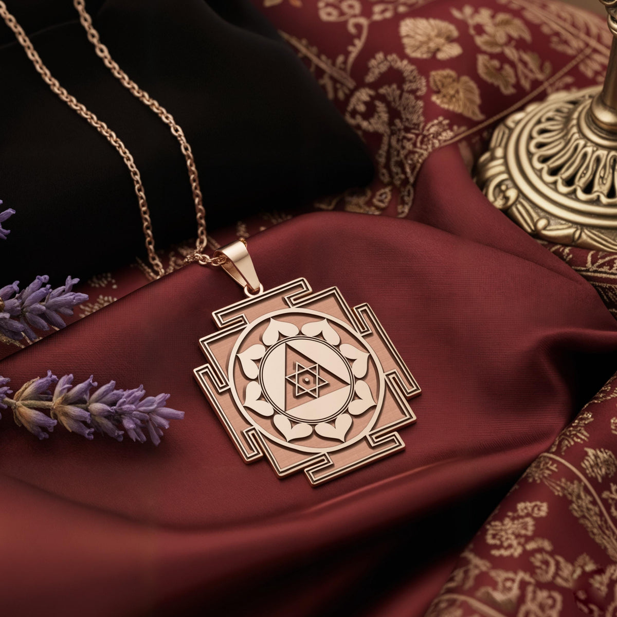 The 925 sterling silver Ganesh Yantra necklace, a spiritual amulet for good luck and success, is displayed on red silk with lavender. The light catches the detailed sacred geometry of the Remover of Obstacles, emphasizing its handcrafted quality. This powerful talisman makes a meaningful graduation or new job gift, with options in 14k gold and rose gold plated.