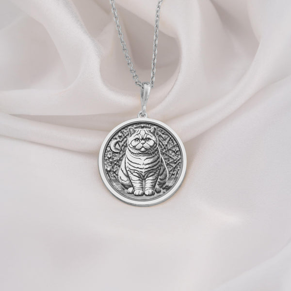 925 Sterling Silver British Shorthair Cat Medallion showcasing plush feline with characteristic round face. Detailed chubby cat coin pendant with sweet expression. Premium pet jewelry symbolizing contentment and gentle companionship.