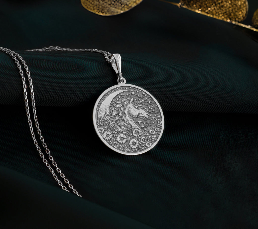 Unicorn Silver Necklace, crafted with intricate detail, symbolizes magic and wonder. This beautiful silver pendant or medallion is perfect for those who love fantasy jewelry. Custom-made to order, it makes a unique and thoughtful gift