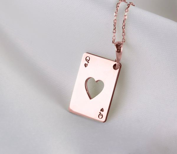 queen of heart rose gold pendant necklace, gifts for her, gifts for queens, gifts for valentines, real gold playing card charm, queen rose gold card pendant necklace
