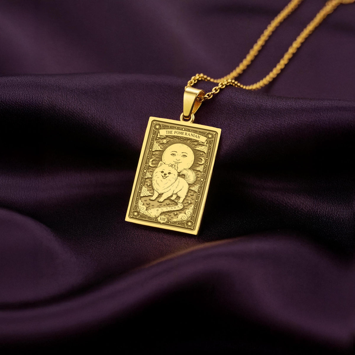 A polished 14K solid gold Pomeranian medallion. This fine pet jewelry represents the breed's fiery spirit, making it a perfect Pom lover gift.