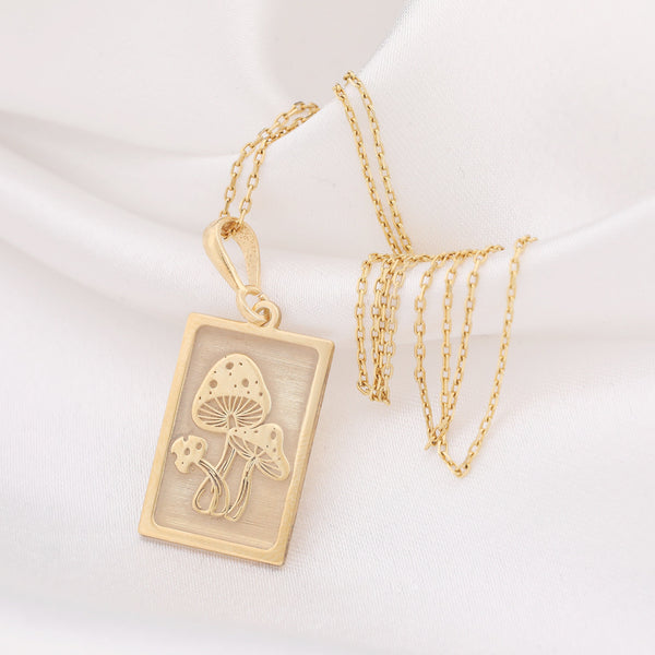 14K Solid Gold Mushroom Necklace, Silver Mushroom Charm, Mushroom Pendant, Mushroom Tarot Necklace, Psychedelic Necklace, Pagan Jewelery