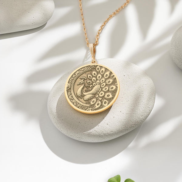 14K gold peacock peafowl pendant necklace with intricate feather design, perfect for statement jewelry. Elegant gold pendant for peacock lovers, ideal for gifting or everyday wear. Handmade gold peacock necklace featuring fine craftsmanship and