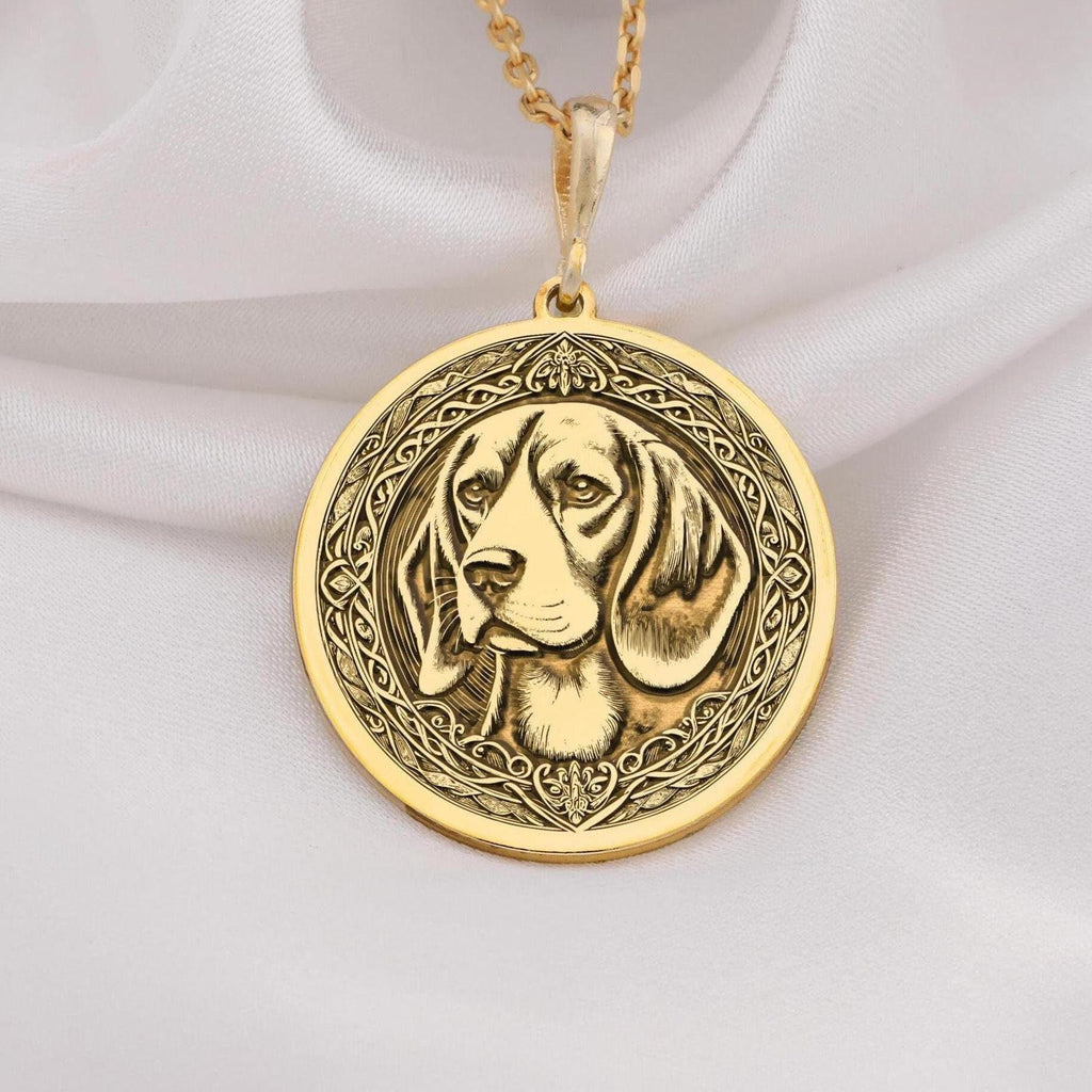 14K Solid Gold Beagle pendant necklace featuring intricate details and a timeless design. Perfect dog lover jewelry gift, crafted for pet enthusiasts and Beagle owners. Luxury gold charm for everyday wear.