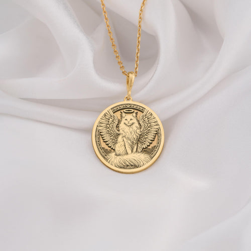 14K Solid Gold Turkish Angora Angel Cat Medallion featuring beloved long-haired breed with heavenly wings and halo. Detailed memorial talisman with silky coat, elegant features and ornate decorative border. Luxury Turkish Angora memorial gift.