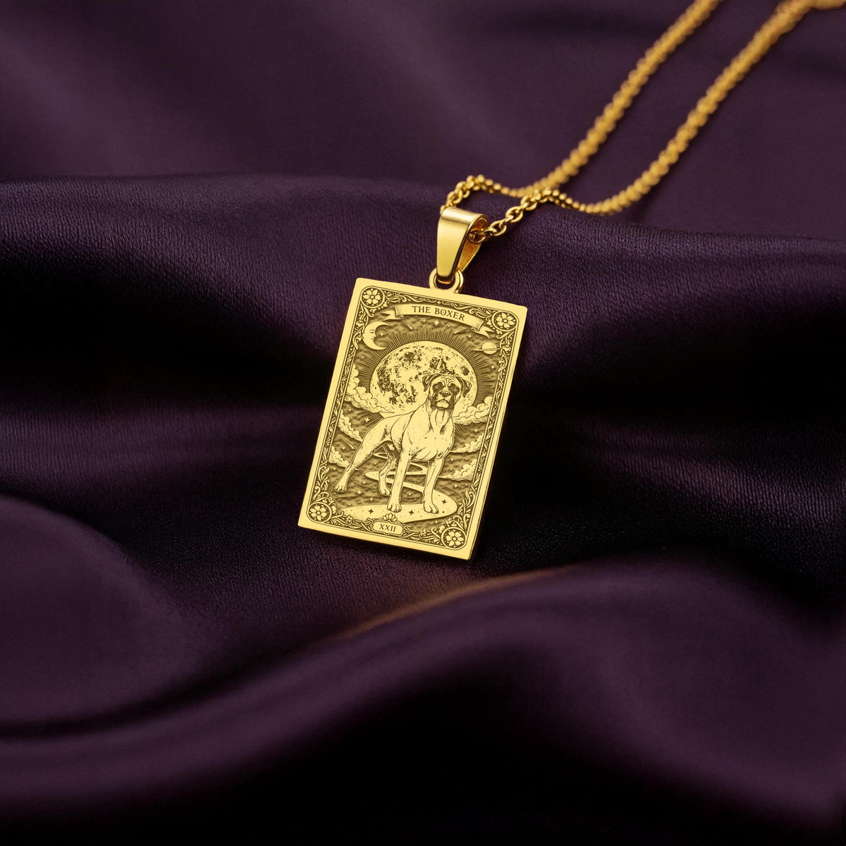 A polished 14K solid gold Boxer medallion. This fine pet jewelry represents the breed's playful energy, a perfect dog lover gift.