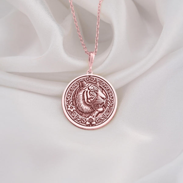 Rose Gold Plated Tiger Necklace with an intricately designed medallion pendant. A trendy and feminine jewelry piece for animal lovers, zodiac fans, or as a unique gift for women. Stylish and versatile, perfect for casual and formal occasions.