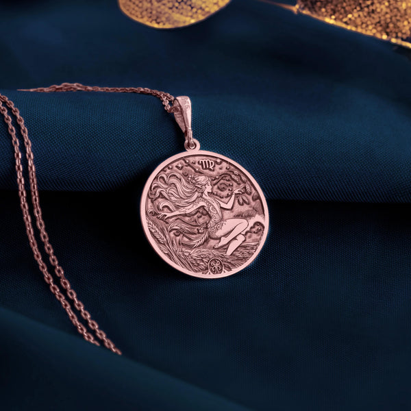 Elegant rose gold Virgo zodiac necklace, combining astrological charm with modern sophistication.