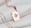 Rose gold plated Ace of Spades rectangle pendant, playing card charm, boho-inspired style, statement charm, lightweight layering piece, symbol of resilience, handcrafted, unique gift for daily wear, minimalist vintage elegance.