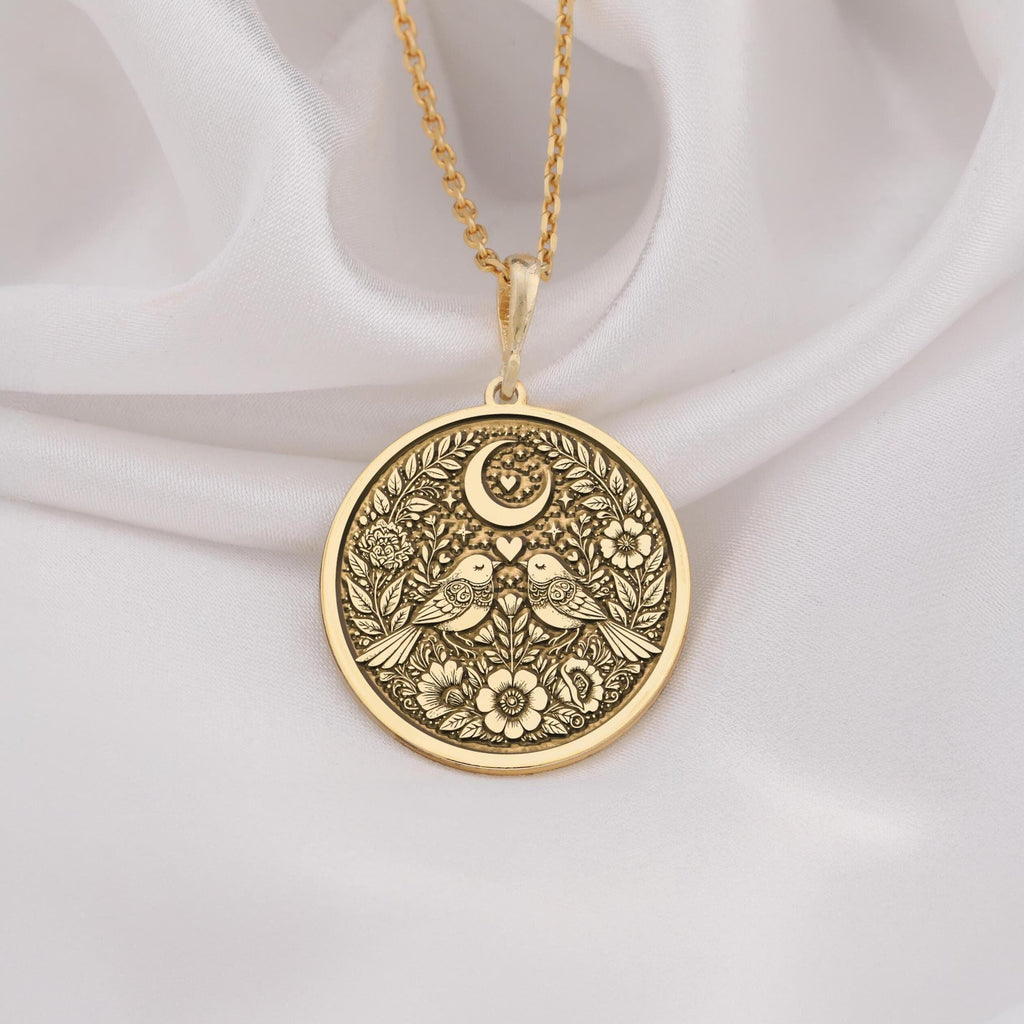 Romantic Lovebirds pendant Necklace  14K Solid Gold. Features two lovebirds under a crescent moon with floral details. Perfect for Valentine Day, anniversaries, or as a meaningful gift for her. Elegant and timeless jewelry piece.