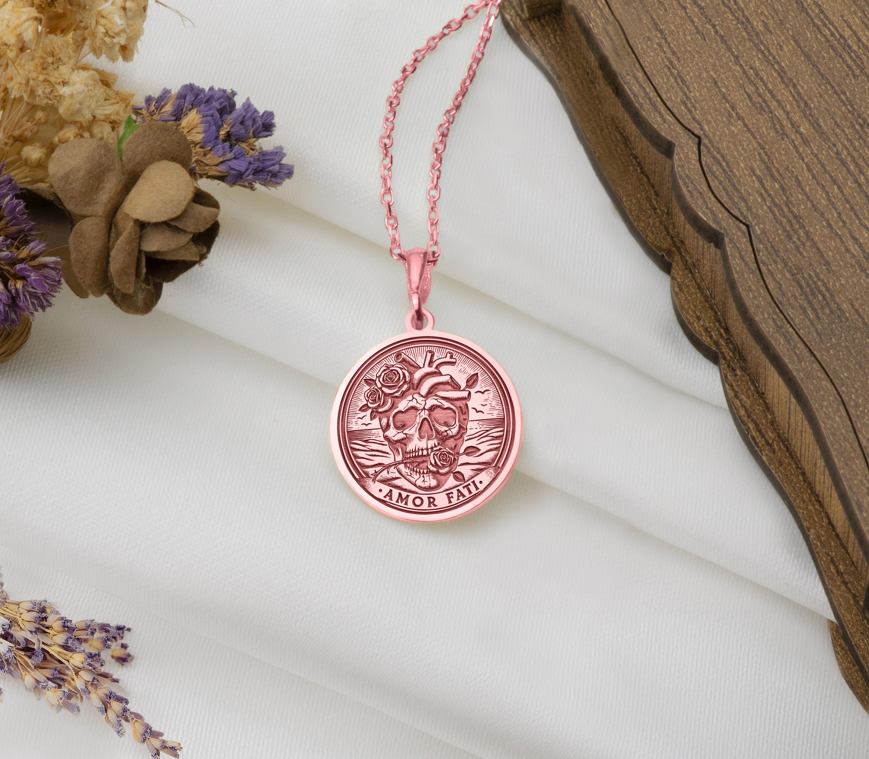 Rose gold plated Amor Fati necklace pendant, charm of resilience and acceptance. Lightweight and dainty, ideal for layering or daily wear. A unique, meaningful gift blending boho style and minimalist elegance with stoic depth.