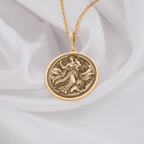 Rhea pendant necklace in 14K Solid Gold, honoring the Greek Titan Goddess and Mother of the Gods. This finely crafted medallion symbolizes maternal strength, protection, and divine feminine power. A perfect Mother’s Day gift or personalized keepsake for moms and grandmothers, this handcrafted piece blends mythology, elegance, and timeless beauty, making it a cherished heirloom.