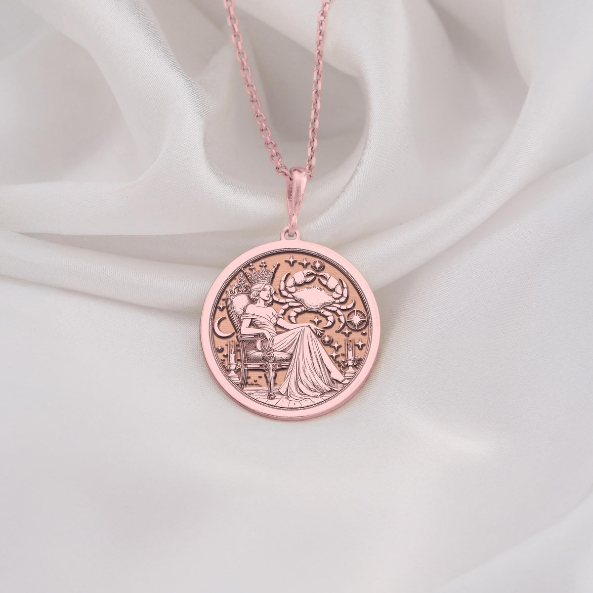 Rose Gold Plated Cancer Zodiac Queen Medallion featuring Cancer constellation with royal crab symbol and celestial elements. Elegant astrology jewelry with detailed Cancer goddess. Warm-toned zodiac talisman, perfect Cancer gift.