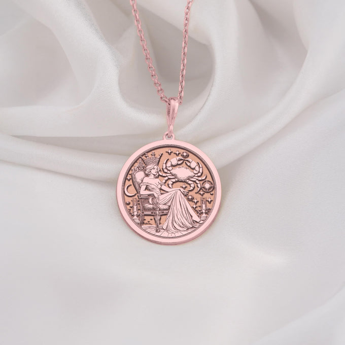 Rose Gold Plated Cancer Zodiac Queen Medallion featuring Cancer constellation with royal crab symbol and celestial elements. Elegant astrology jewelry with detailed Cancer goddess. Warm-toned zodiac talisman, perfect Cancer gift.