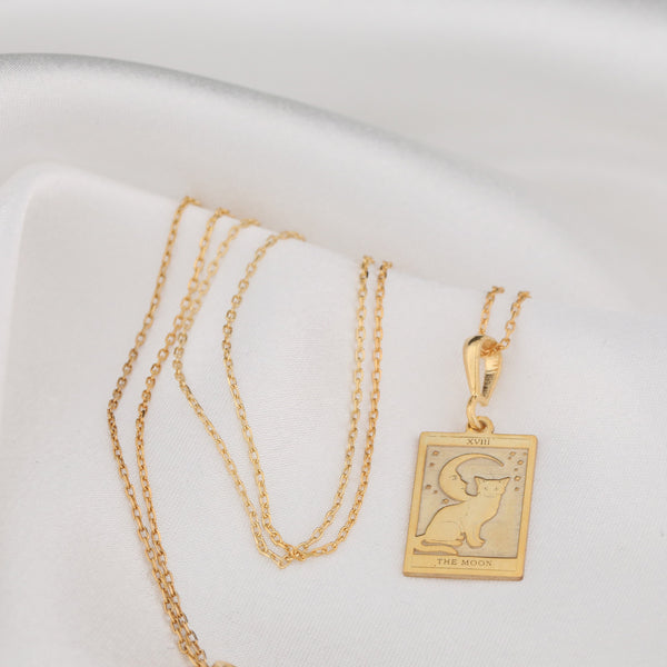 14K Solid Gold The Moon Tarot Card Necklace, Tarot Reading Rectangle Charm, Dainty Tarot Moon Charm, The Moon Necklace