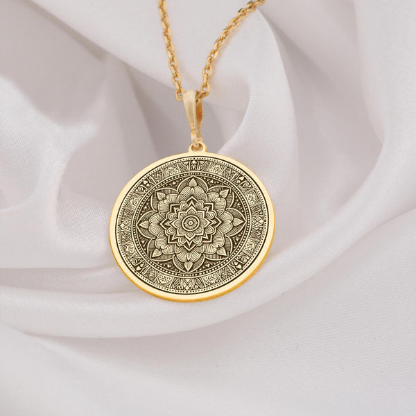 14K Gold Mandala Necklace featuring an intricate boho design. Perfect for women who love minimalist and spiritual jewelry. Ideal as a gift for birthdays, anniversaries, or special occasions. Handmade with premium quality solid gold.