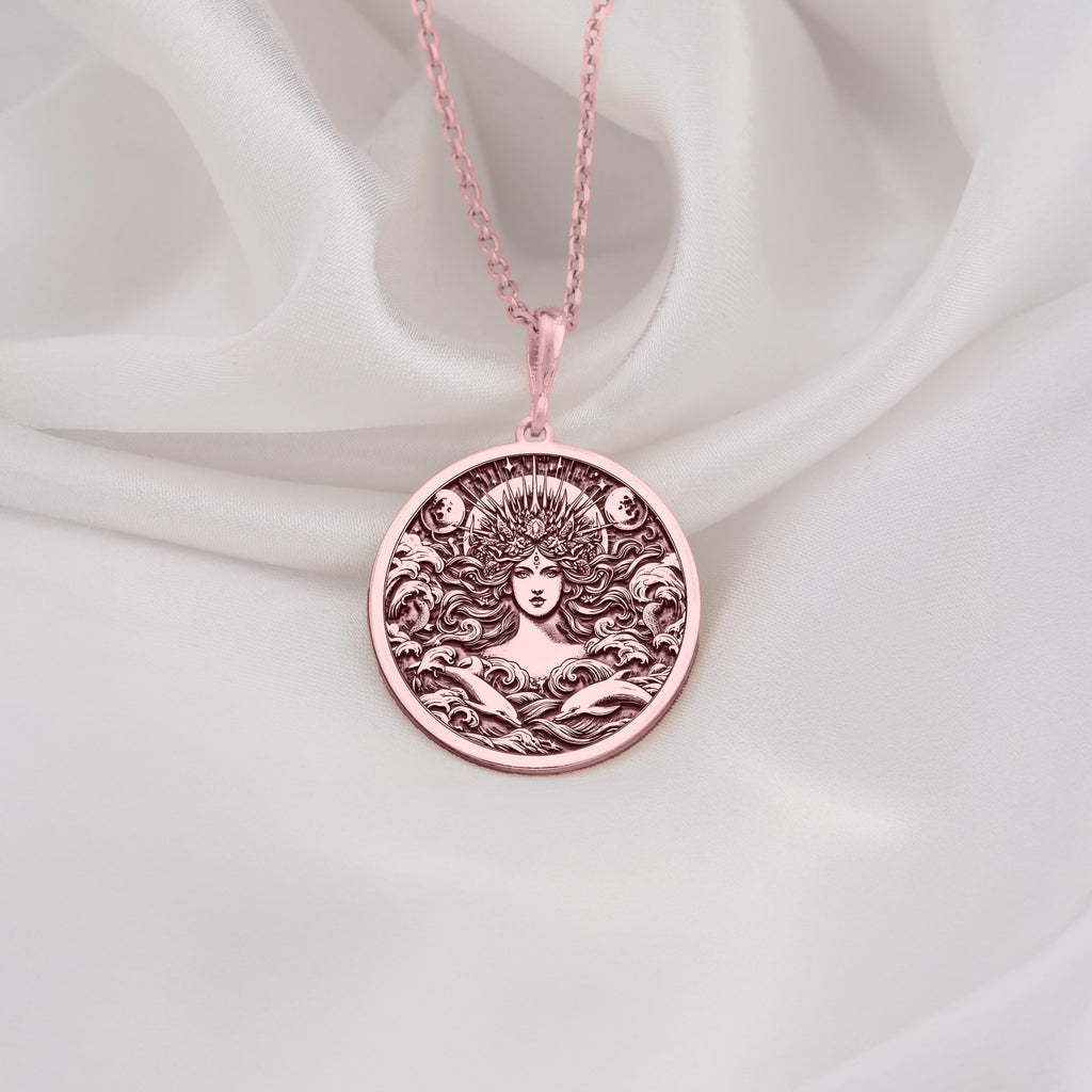 Amphitrite Necklace in rose gold plated finish, a celestial sea goddess pendant with intricate ocean-inspired details. Greek mythology jewelry, elegant nautical gift for her, perfect for ocean lovers and mystical designs.