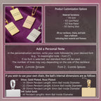 a variety of personalized necklace pendants, each with a unique design and material variation. The pendants are arranged on a purple background, showcasing their intricate details and craftsmanship. The image also includes instructions for customizing necklaces, chains, and balls, as well as information about the materials used and the standard font for writing personal notes.