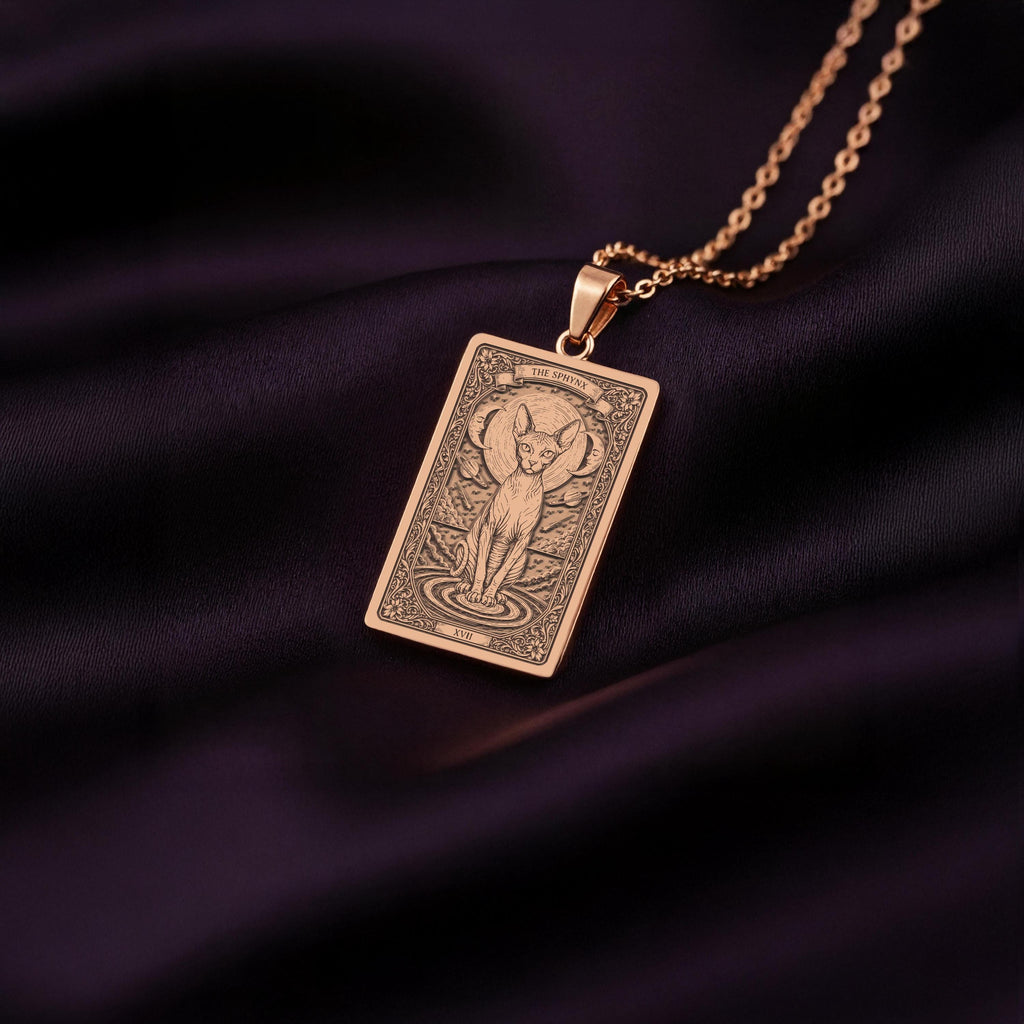 A custom rose gold plated Cat Lover tarot necklace. This piece is a perfect gift, honoring the magical and loving Sphynx cat.